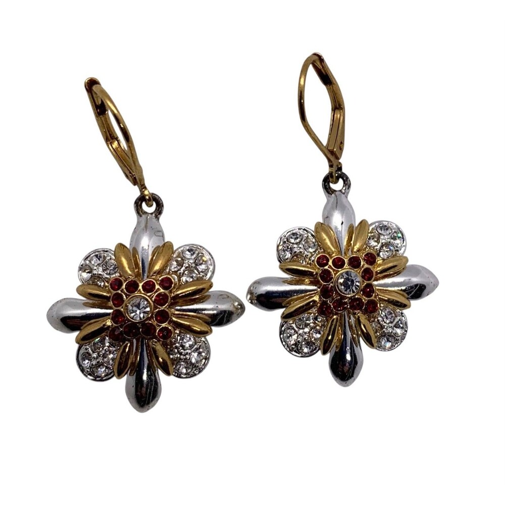 Vtg Joan Rivers Lever back Earrings Rhinestone Flower Maltese Cross